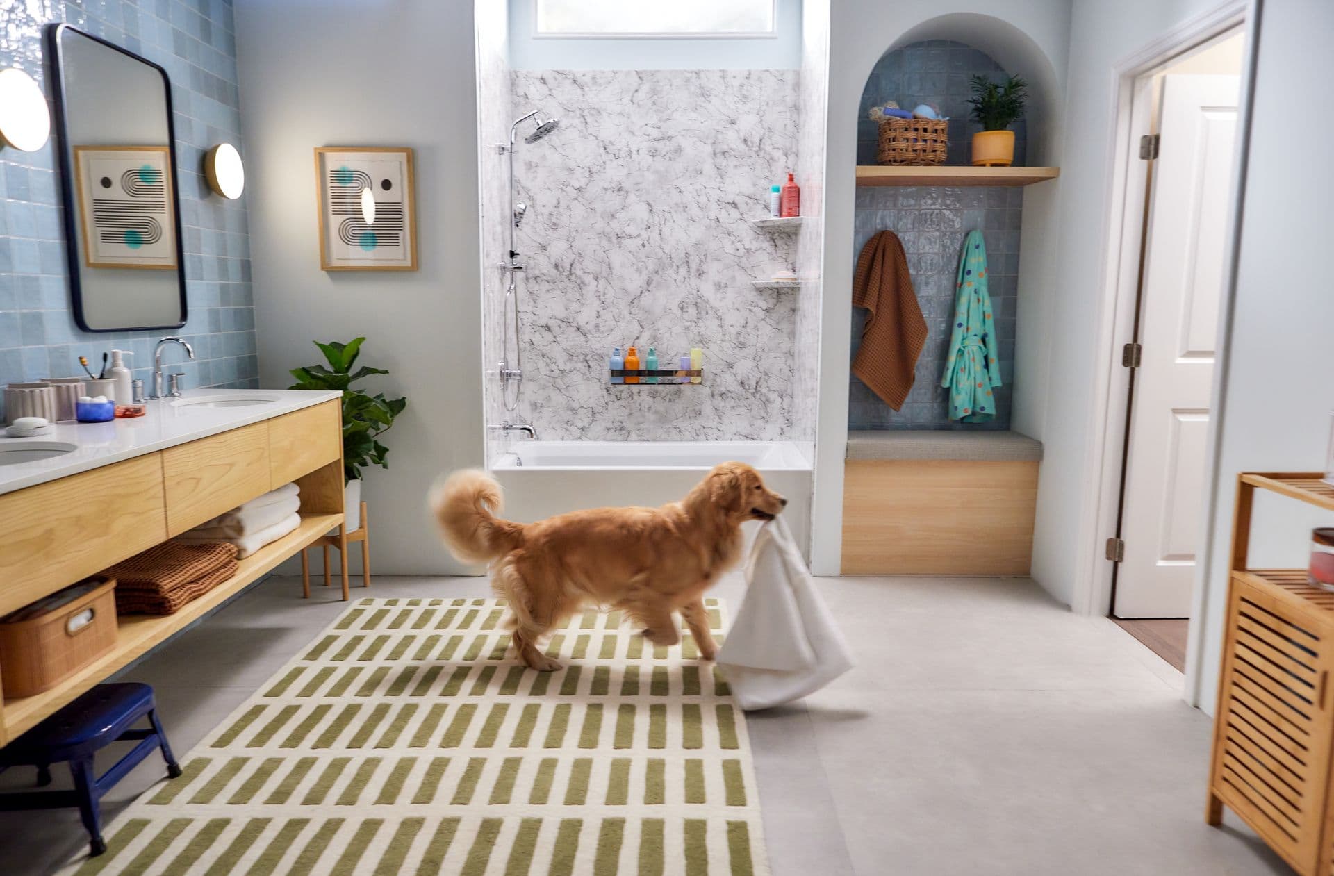JBR_Retangle_Skirted_19-_Soaker_Bathtub_Midnight_Storm_Smooth_Walls_Multi_Function_Shower_Spa_Chrome_Grab_Shelf_Chrome_Midnight_Storm_Prairie_Corner_Shelf_Dog.jpg
