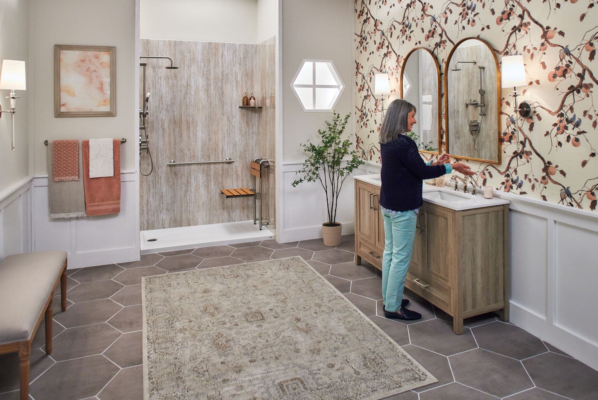 JBR_Seaside_Walls_Smooth_Signature_Collection_Easy_Step_Base_Alabaster_White_Deluxe_Shower_System_Chrome_Deluxe_Grab_Bar_Chrome_Corner_Prairie_Shelf_Seaside_Hanging_Teak_Seat_Female.jpg